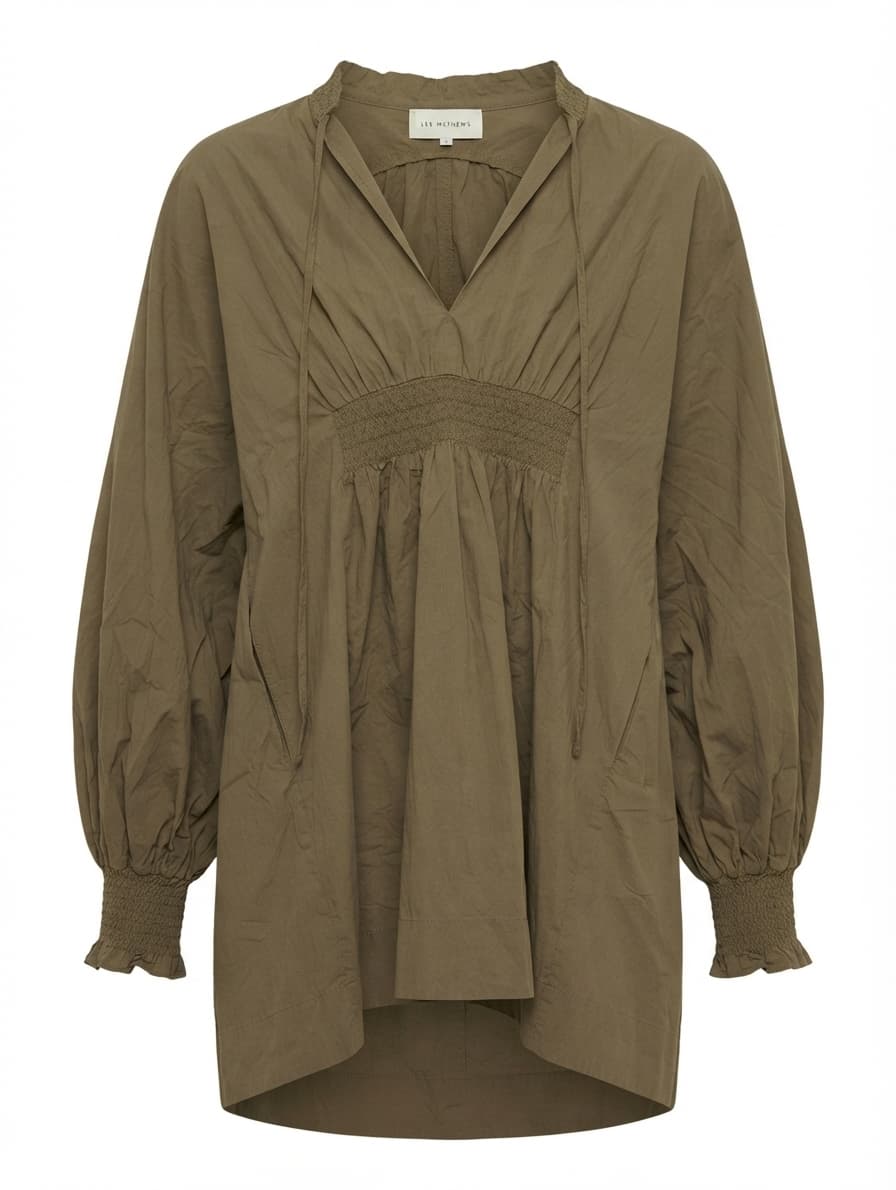 Lee Mathews Smocked V-Neck Tunic Blouse Olive Green Size 2 — photo 1 of 8