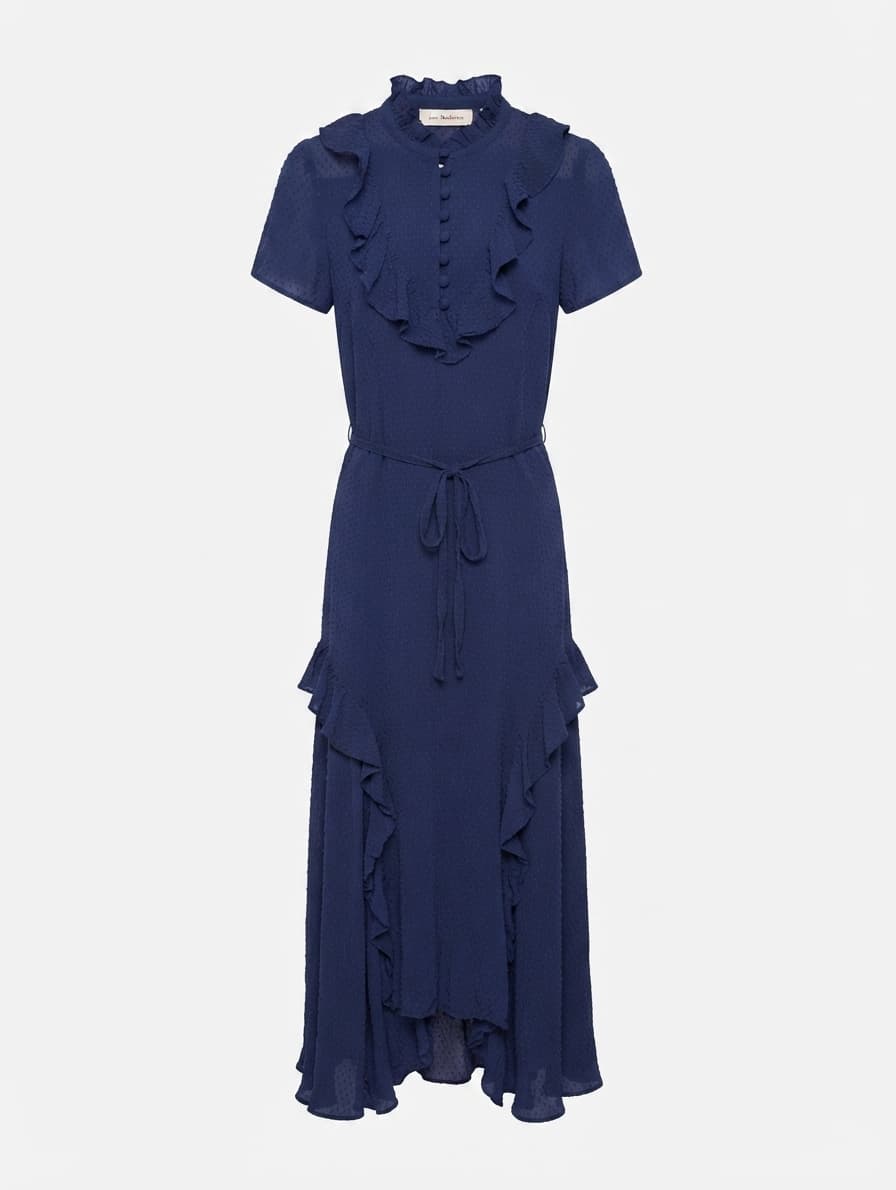Lee Mathews Swiss Dot Ruffle Midi Dress Blue Size 1 — photo 1 of 7