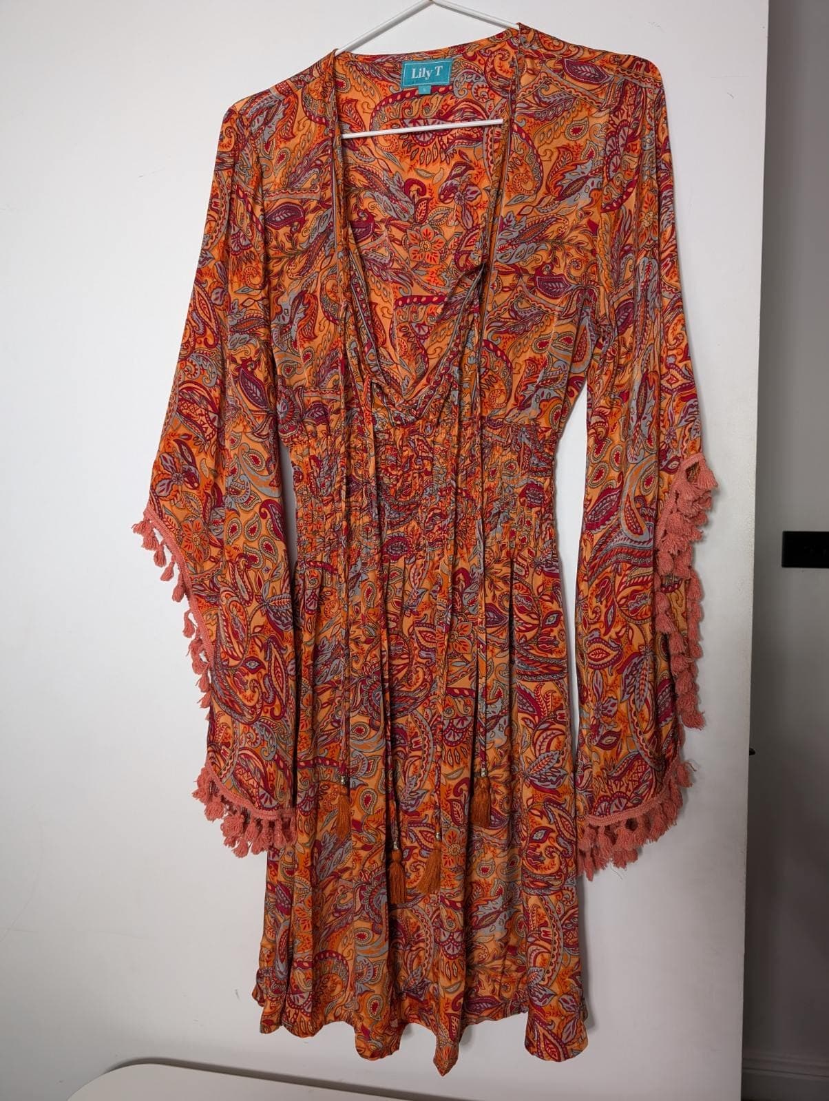 Lily T Paisley Print Blouse - Boho Silk Blend Tassel Detail Top Small — photo 1 of 6
