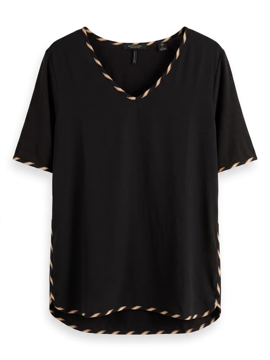 Maison Scotch V-Neck T-Shirt Black with Striped Trim Size L — photo 1 of 4