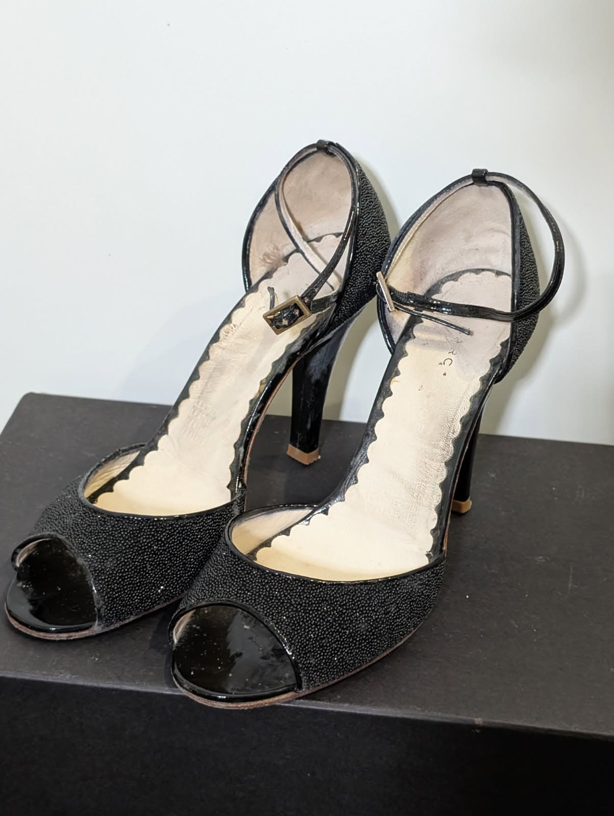 Marc by Marc Jacobs Black Shagreen Textured Peep Toe Ankle Strap Heels — photo 4 of 7