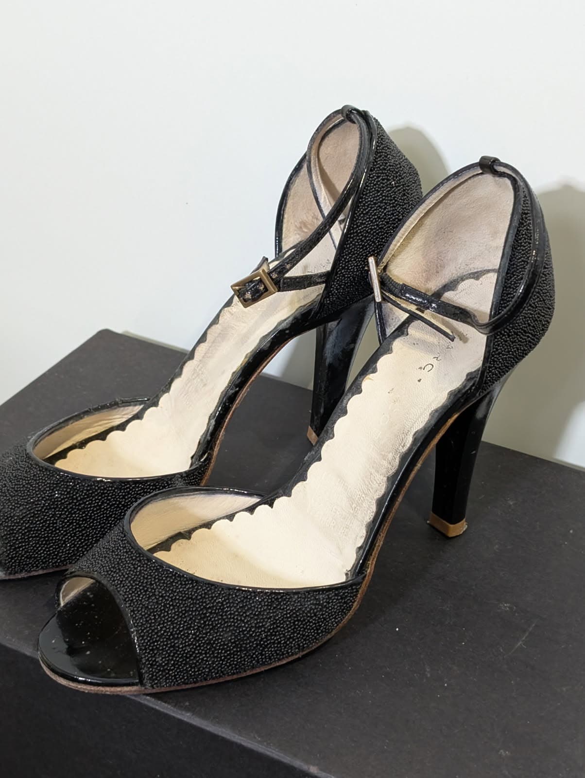Marc by Marc Jacobs Black Shagreen Textured Peep Toe Ankle Strap Heels — photo 6 of 7