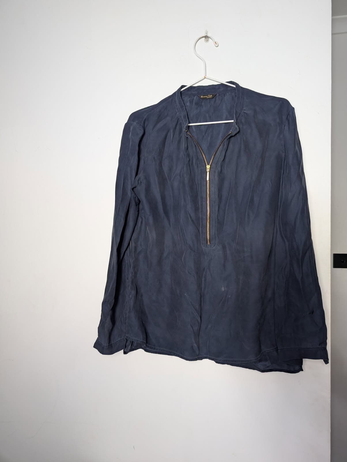 Massimo Dutti 100% Silk Zip-Front Blouse - Navy Blue — photo 1 of 8