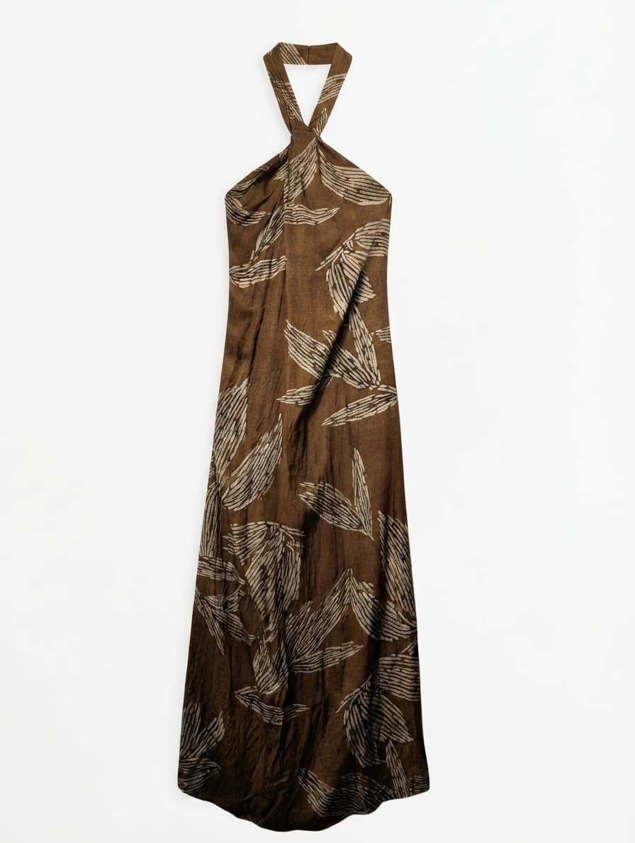 Massimo Dutti Halter Neck Maxi Dress Brown Leaf Print EU 38 — photo 1 of 10