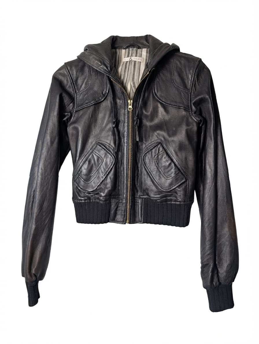 Mike & Chris Leather Hooded Bomber Jacket Black — photo 1 of 4