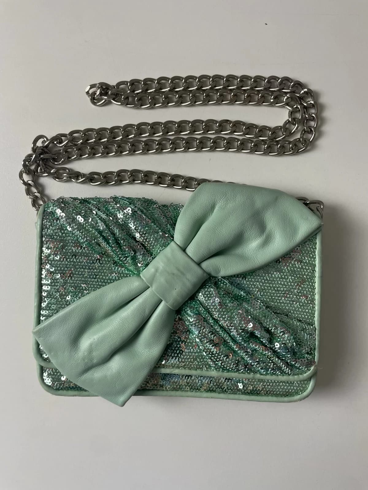 Mint Green Sequin Crossbody Bag with Leather Bow Detail