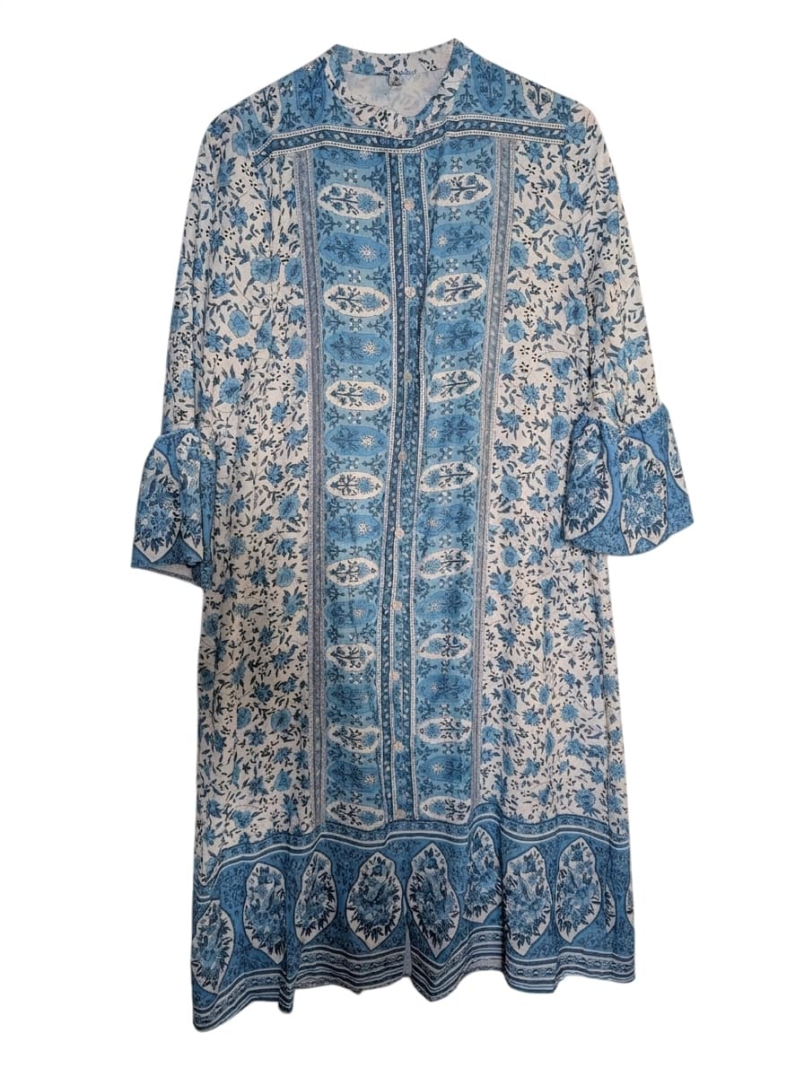 Misslook Blue & White Floral Button-Down Midi Dress With Bell Sleeves — photo 1 of 6