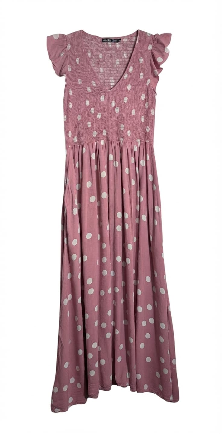 Mister Zimi Polka Dot Smocked Maxi Dress Pink Size 8 — photo 1 of 6