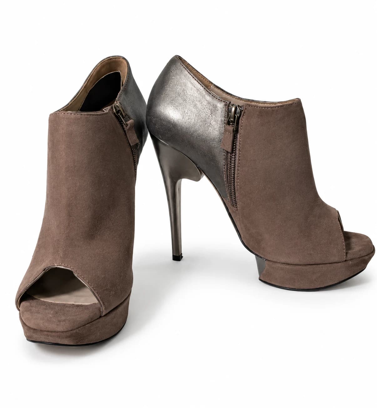 Nicholas Kirkwood Taupe Suede & Metallic Peep Toe Platform Booties - EU 38.5 — photo 1 of 9