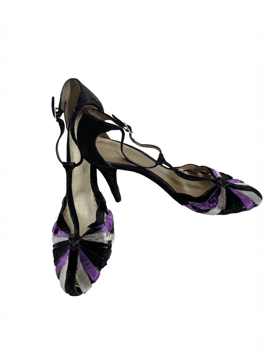 Nine West Velvet T-Strap Evening Heels Black Purple Silver Size 8.5 — photo 1 of 19