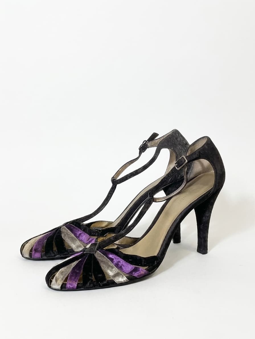Nine West Vintage Style Velvet T-Strap Peep Toe Heels - Black/Purple US 8.5M — photo 1 of 6