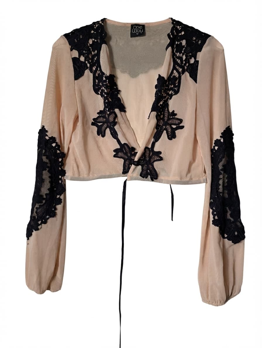 One Way Tie-Front Crop Top Nude Mesh & Black Lace Size 10 — photo 1 of 8