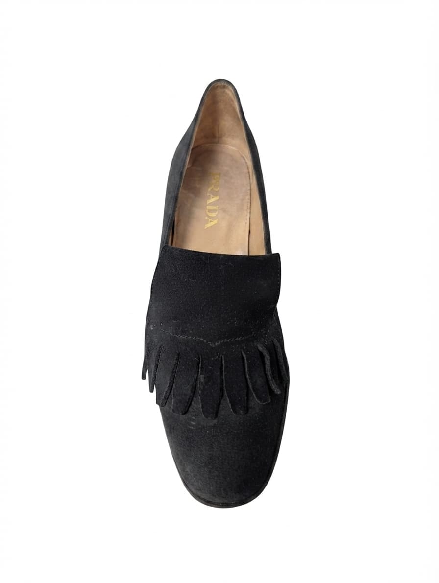 Prada Suede Fringed Kiltie Heeled Loafers Black EU 37 — photo 1 of 7