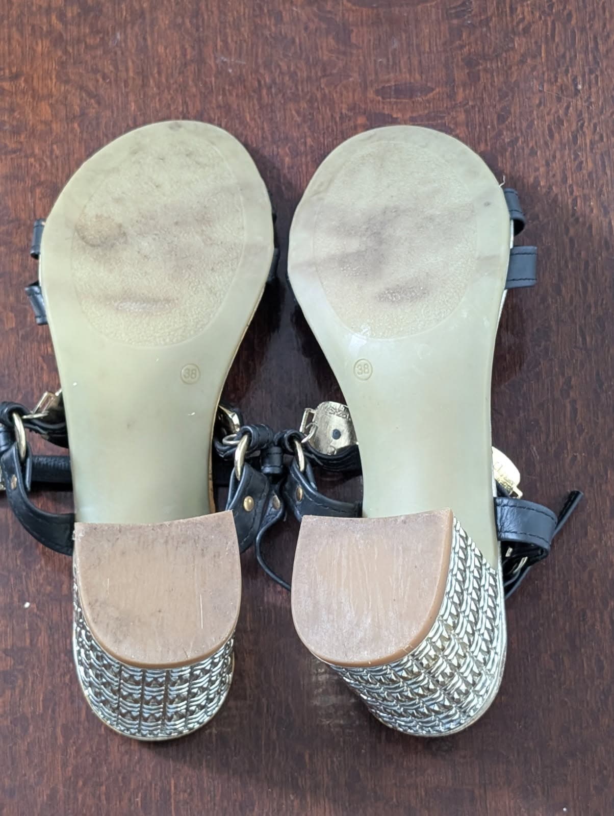 Prativerdi Leather Block Heel Sandals Black Gold EU 38 — photo 6 of 6