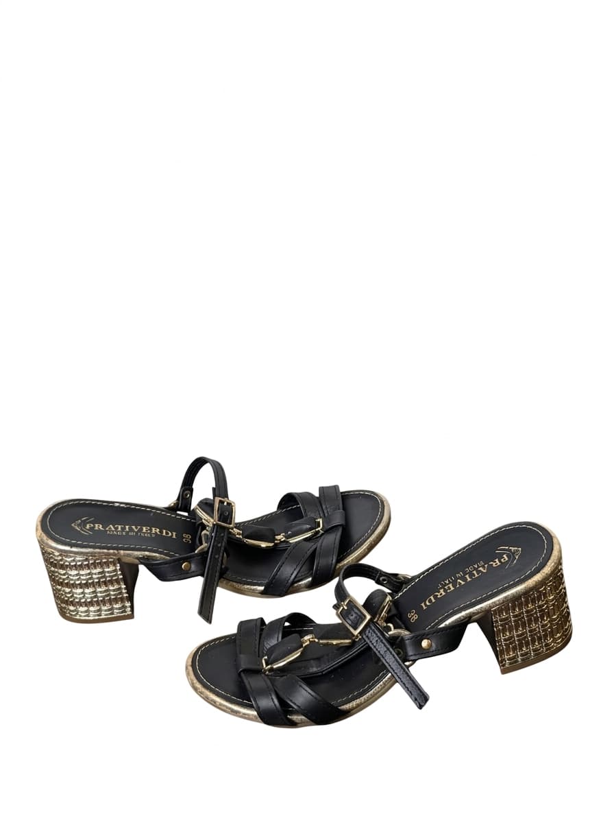Prativerdi Leather Block Heel Sandals Black Gold EU 38 — photo 1 of 6