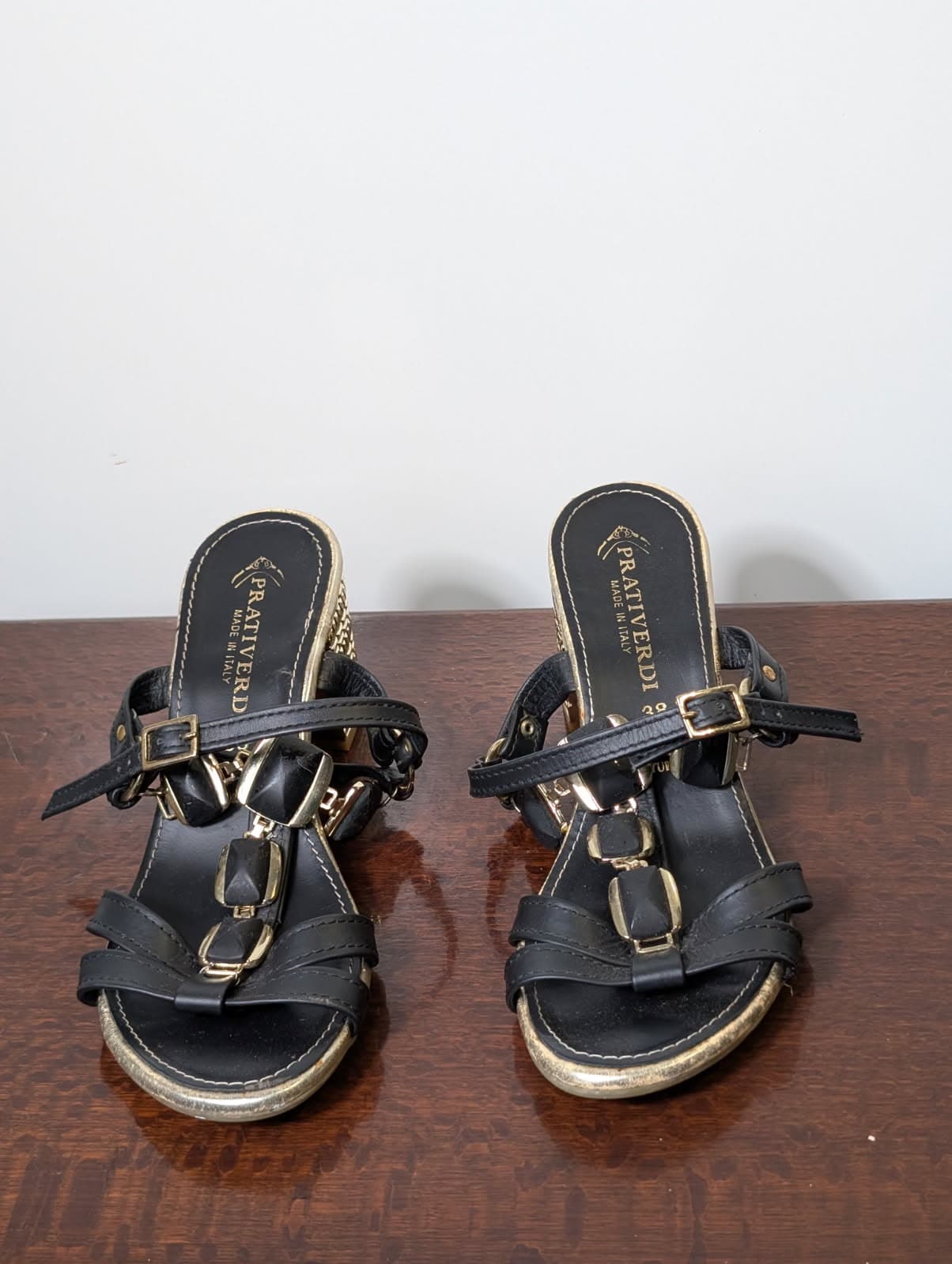 Prativerdi Leather Block Heel Sandals Black Gold EU 38 — photo 2 of 6