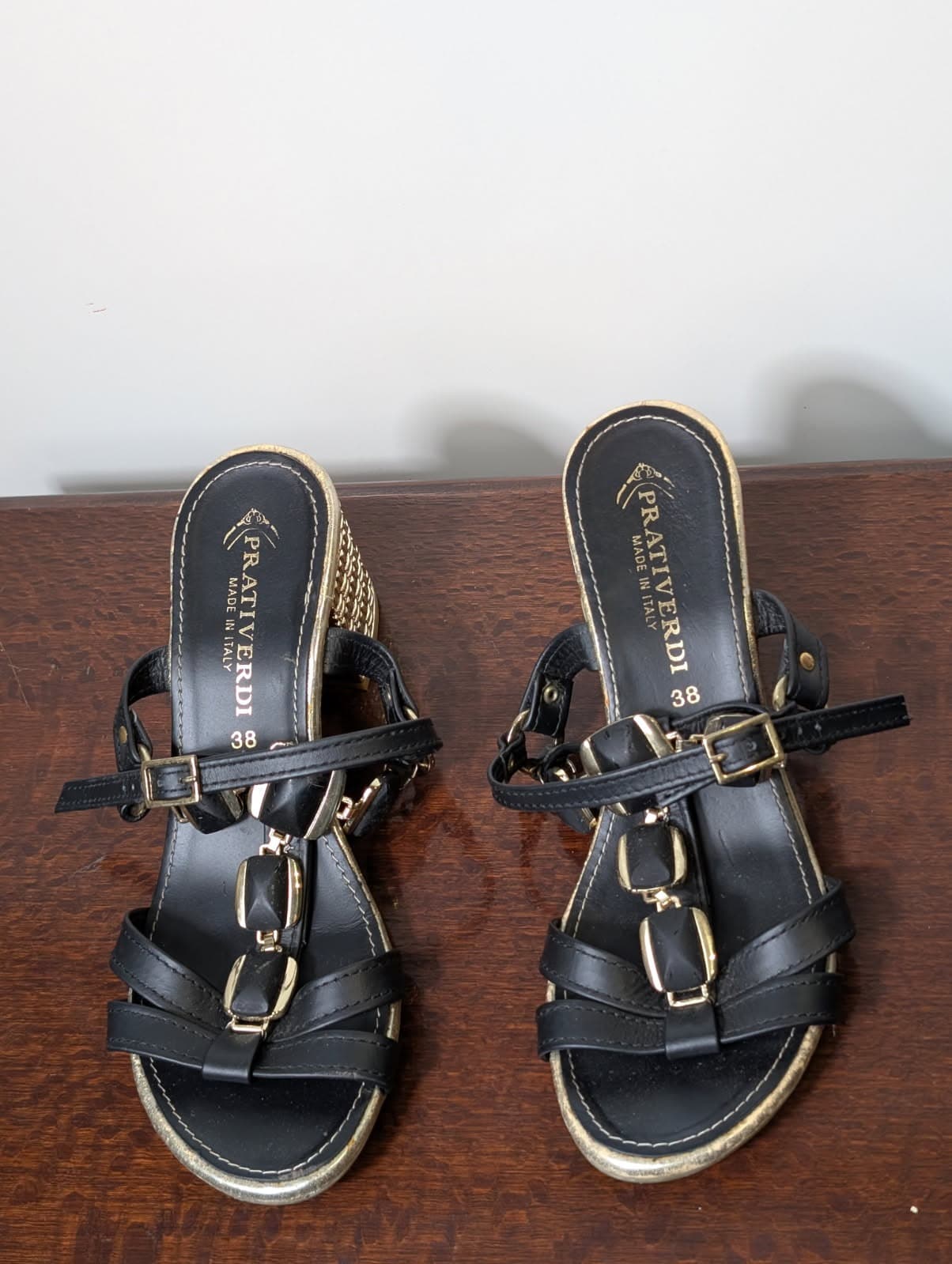 Prativerdi Leather Block Heel Sandals Black Gold EU 38 — photo 3 of 6