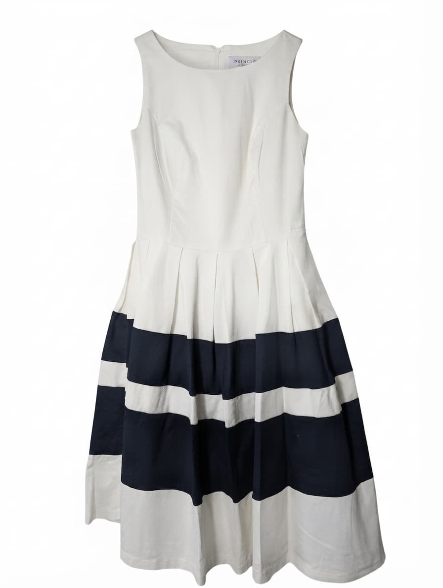 Pringle of Scotland Sleeveless Striped Fit and Flare Dress Navy Blue and White Size 10 — photo 1 of 8