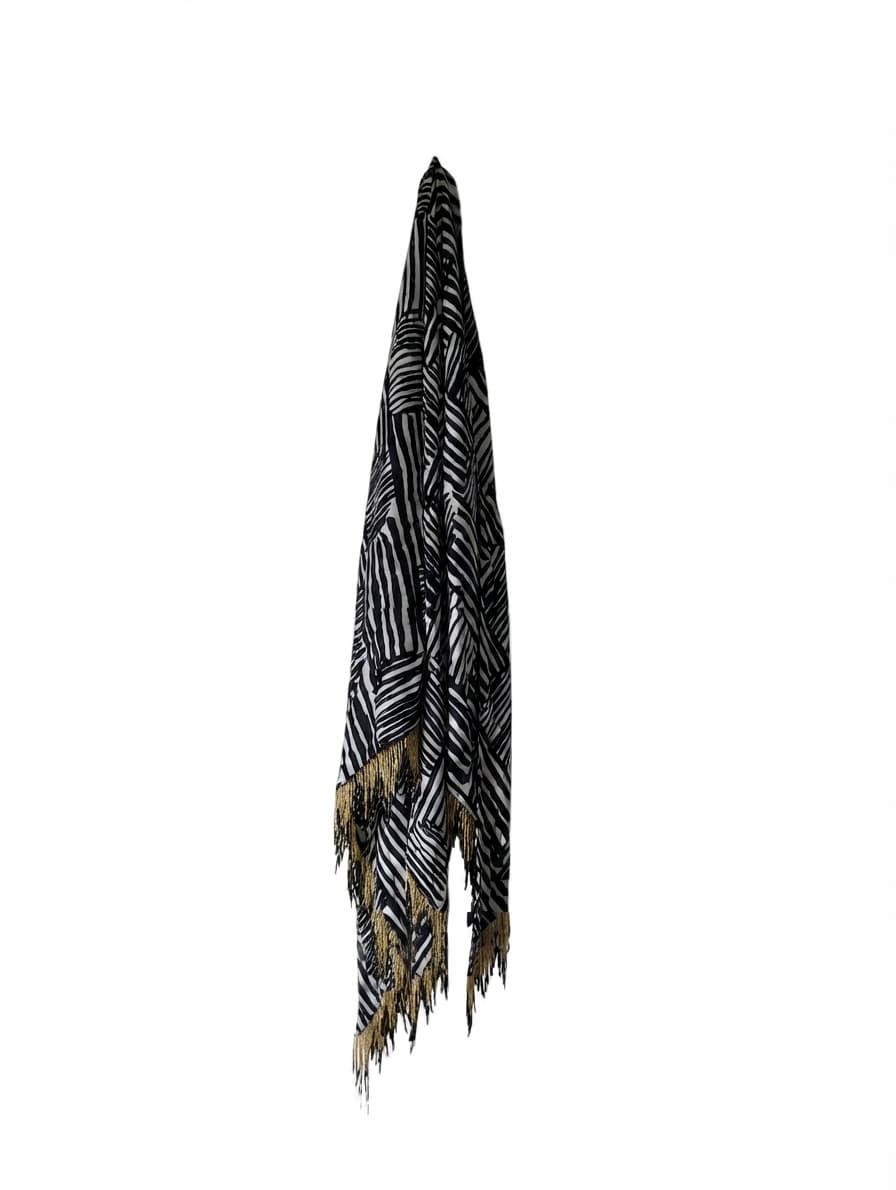 PROVA Silk Scarf Black & White Abstract Print with Beaded Fringe — photo 1 of 6