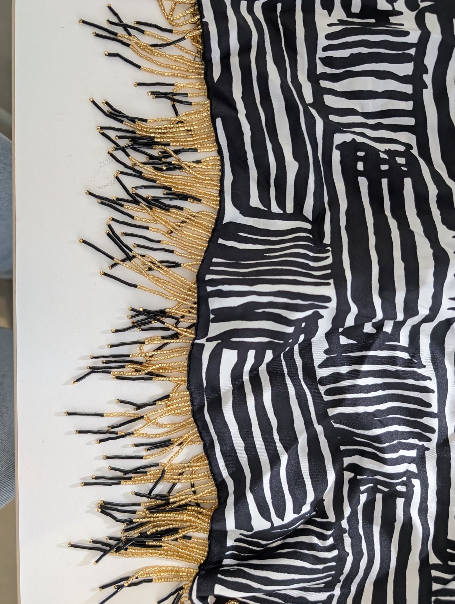 PROVA Silk Scarf Black & White Abstract Print with Beaded Fringe — photo 5 of 6