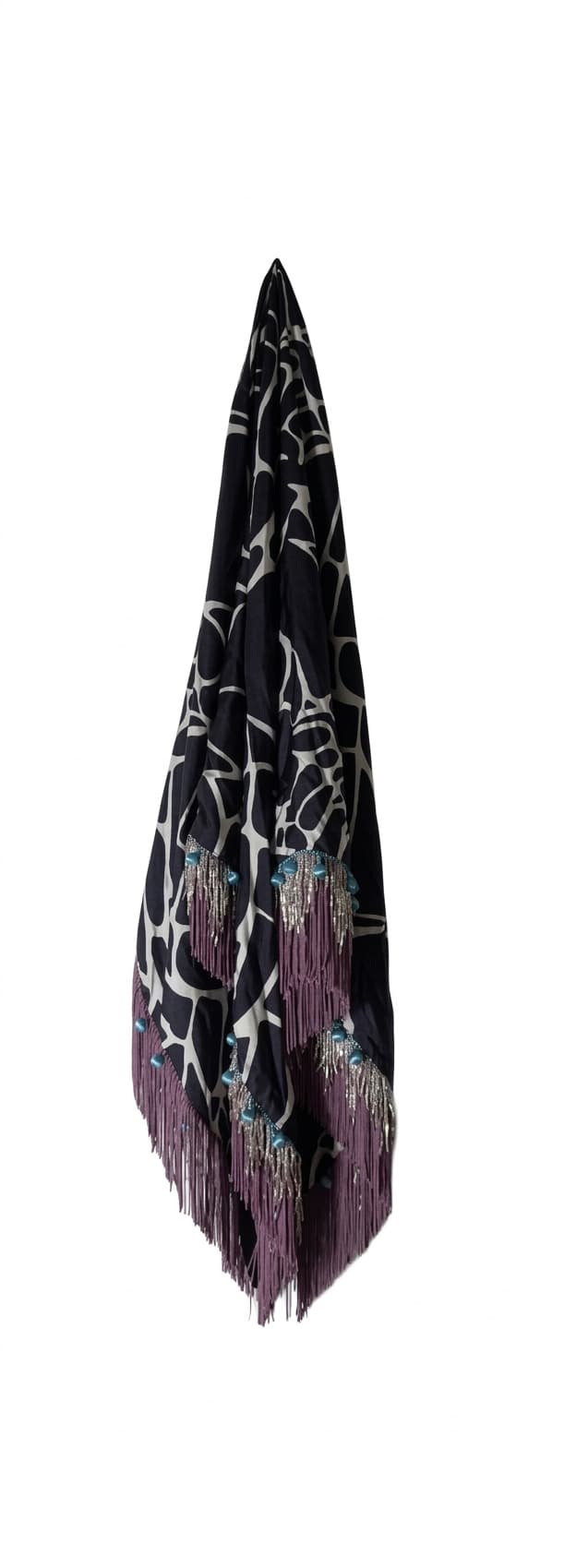 Prova Vintage Silk Scarf with Beaded Fringe - Black and White — photo 1 of 10