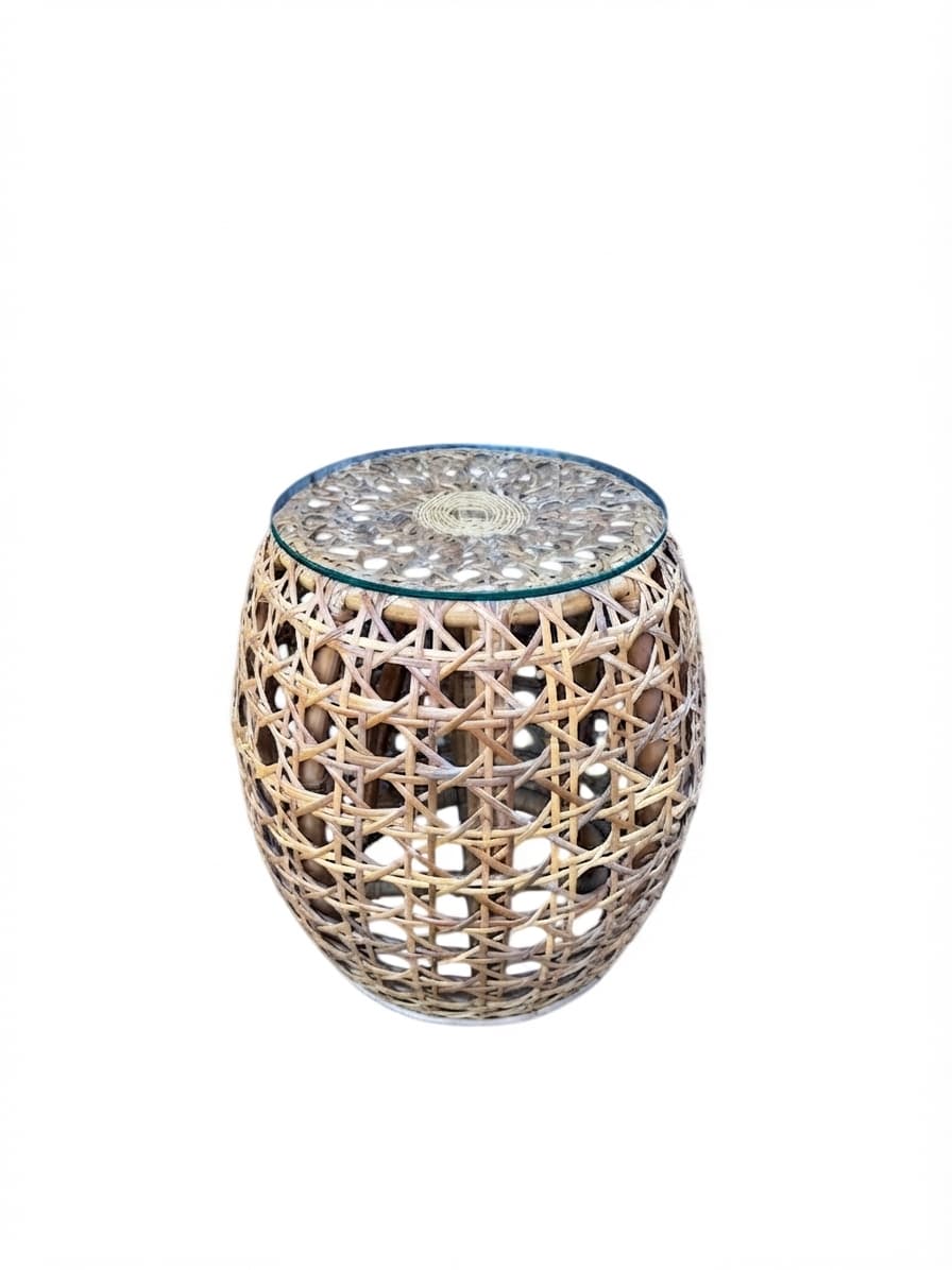 Rattan Side Table Glass Top Boho Wicker Stool Coastal Hamptons Bedside — photo 1 of 5