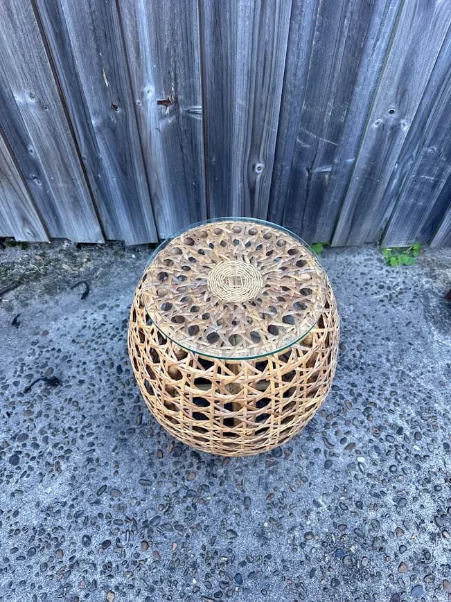 Rattan Side Table Glass Top Boho Wicker Stool Coastal Hamptons Bedside — photo 3 of 5