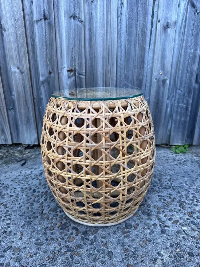 Rattan Side Table Glass Top Boho Wicker Stool Coastal Hamptons Bedside — photo 4 of 5