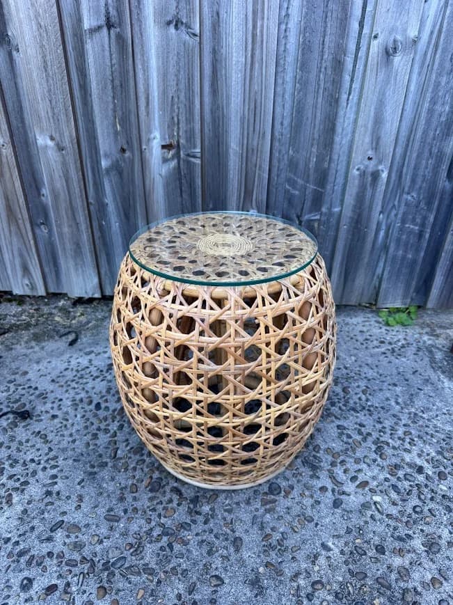 Rattan Side Table Glass Top Boho Wicker Stool Coastal Hamptons Bedside — photo 2 of 5