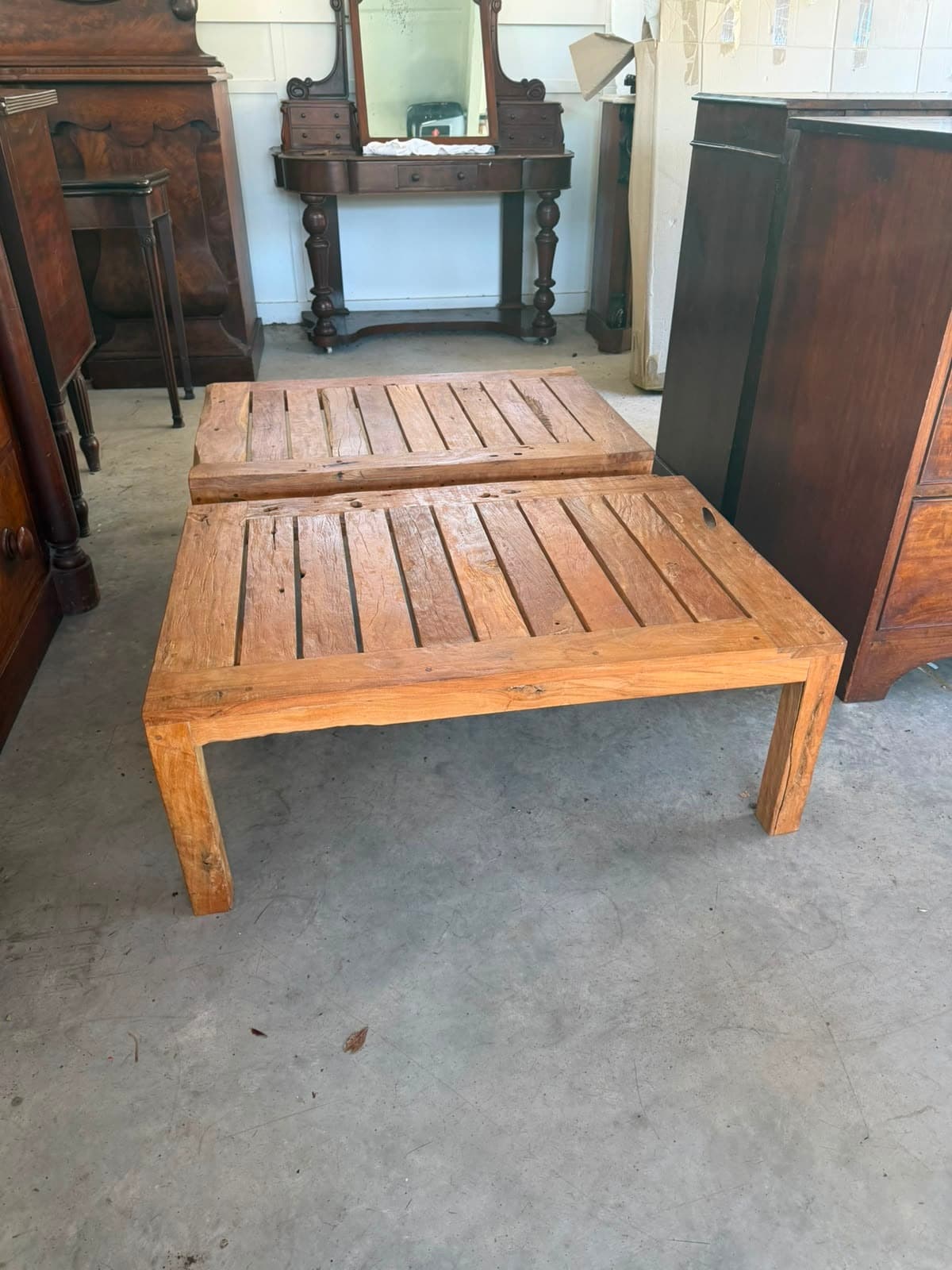 Reclaimed Teak Coffee Tables Set of 2 Rustic Slatted Design — photo 3 of 4