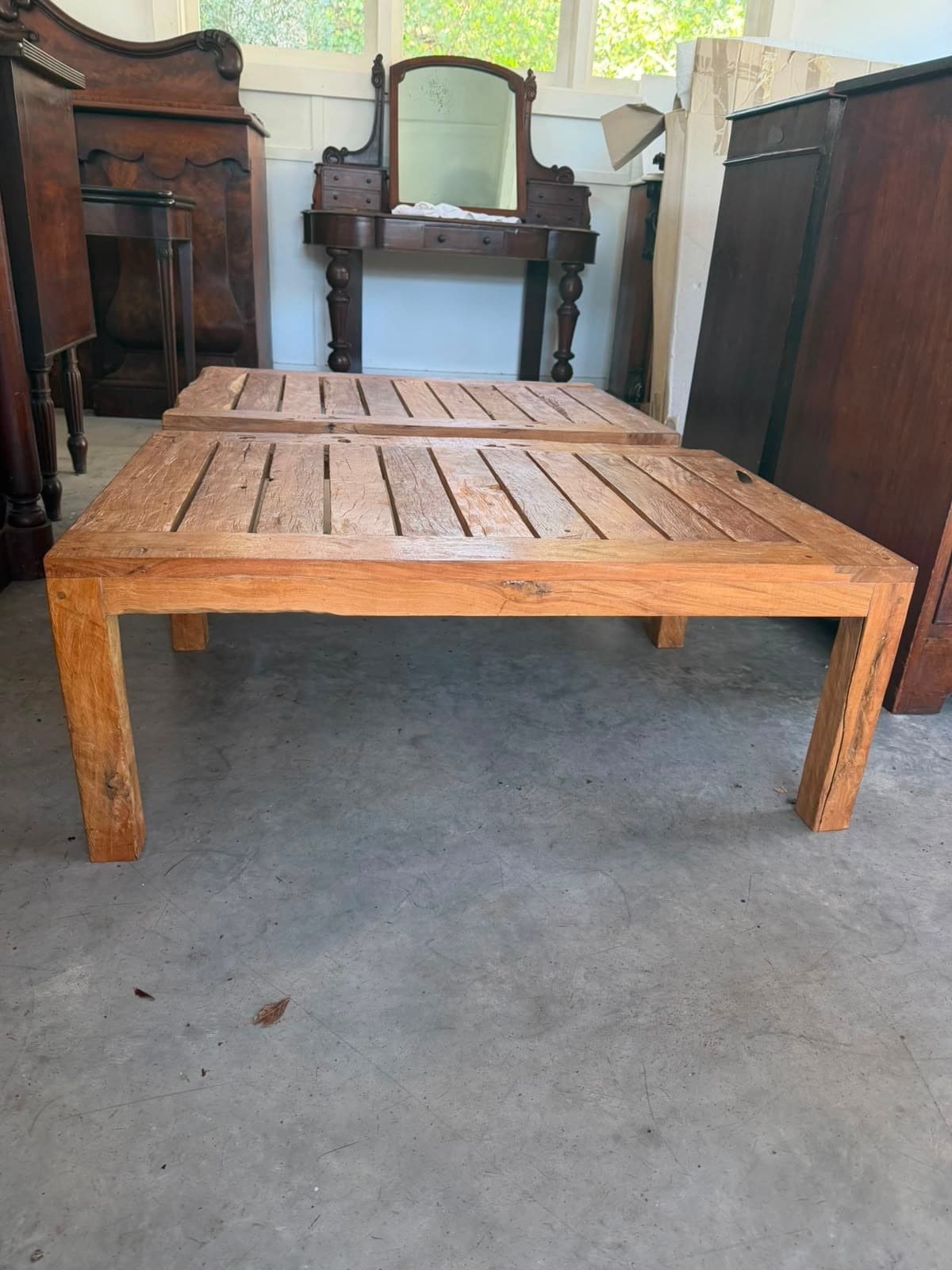 Reclaimed Teak Slat Coffee Table Set Natural Wood Finish — photo 4 of 4