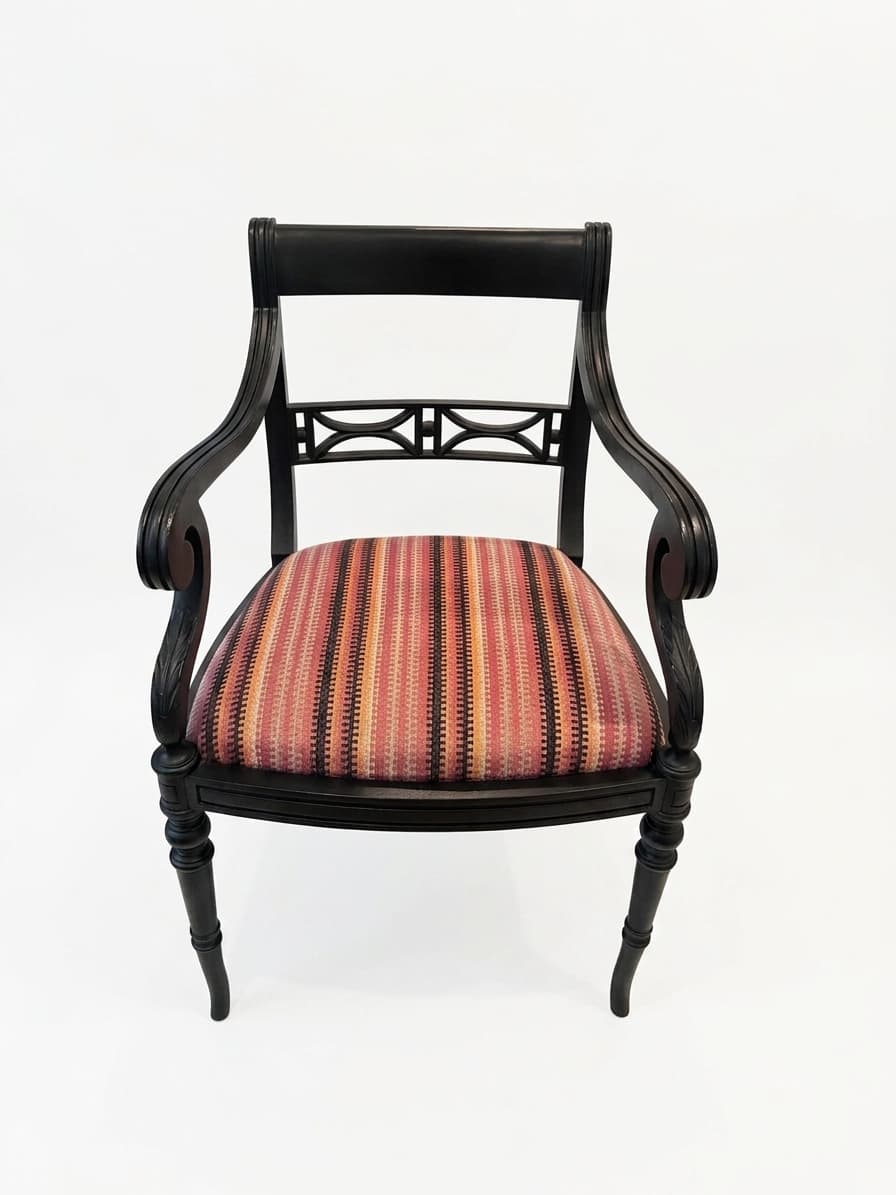 Regency Style Black Painted Armchair with Bespoke Striped Upholstery — photo 1 of 4