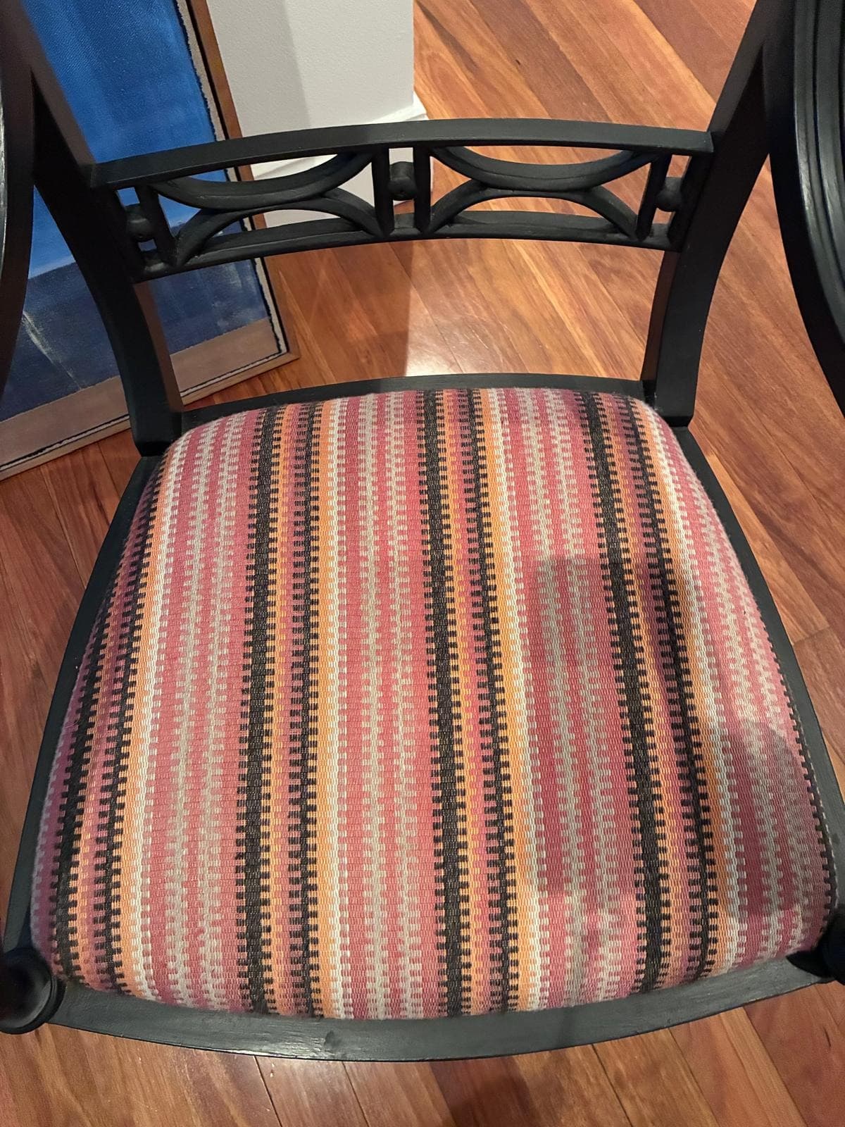 Regency Style Black Painted Armchair with Bespoke Striped Upholstery — photo 2 of 4