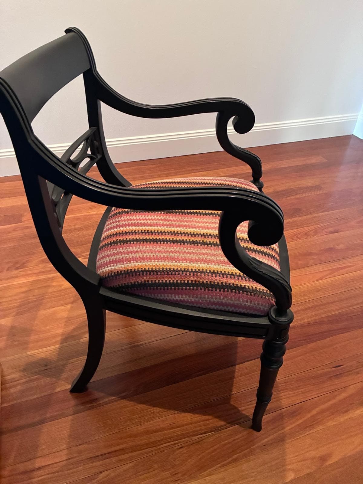 Regency Style Black Painted Armchair with Bespoke Striped Upholstery — photo 3 of 4