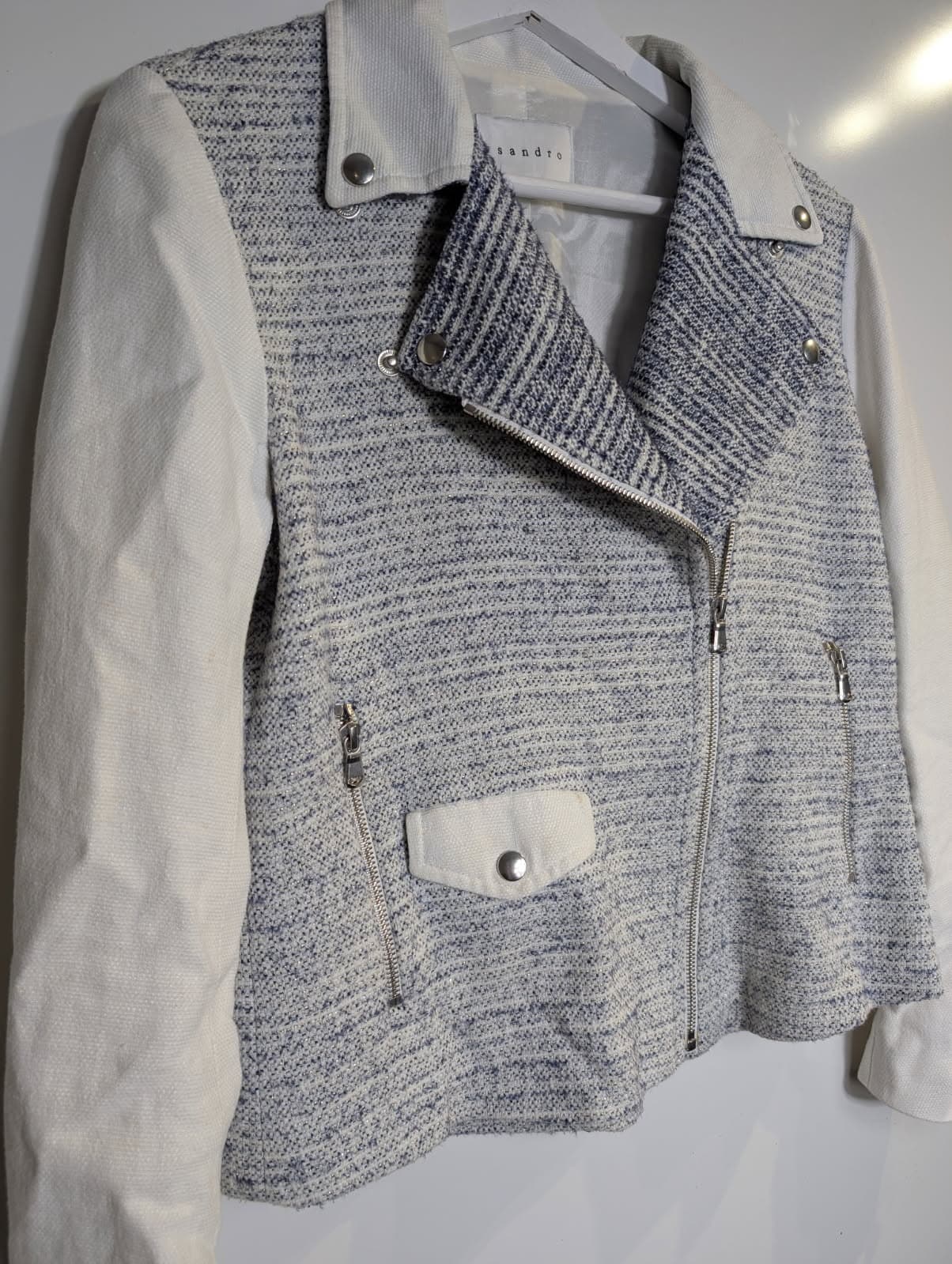 Sandro Paris Tweed and Canvas Biker Jacket Women's Size 40 — photo 2 of 5