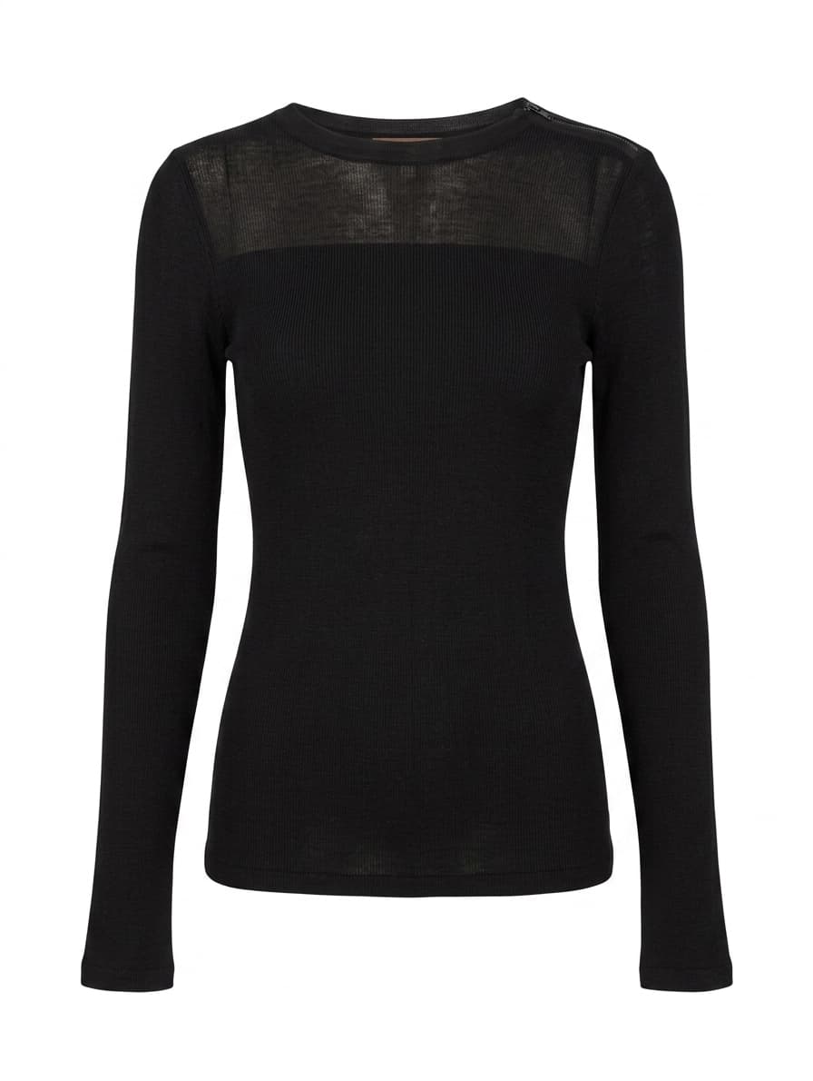 Scanlan & Theodore Black Ribbed Long Sleeve Top with Shoulder Zip Detail — photo 1 of 4