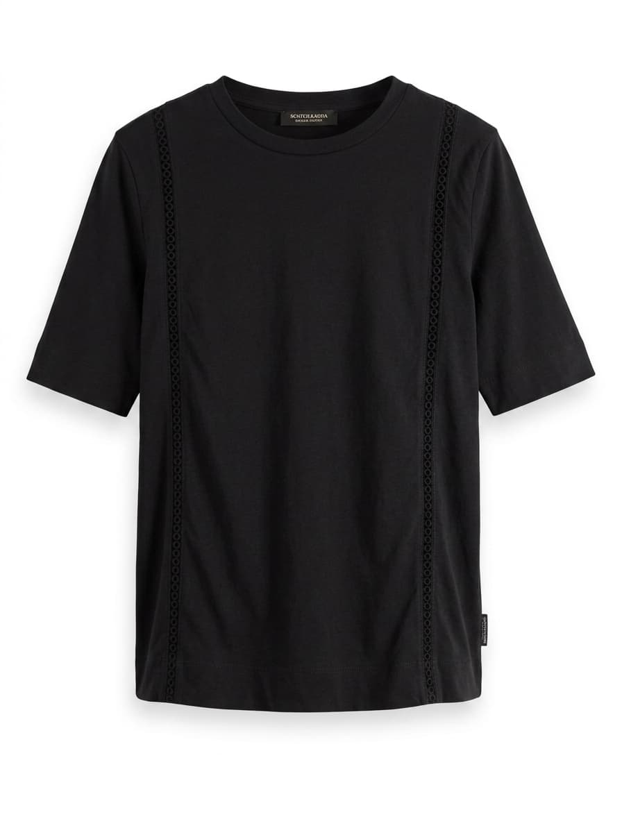 Scotch & Soda Maison Scotch Cotton T-Shirt with Eyelet Trim Black — photo 1 of 7