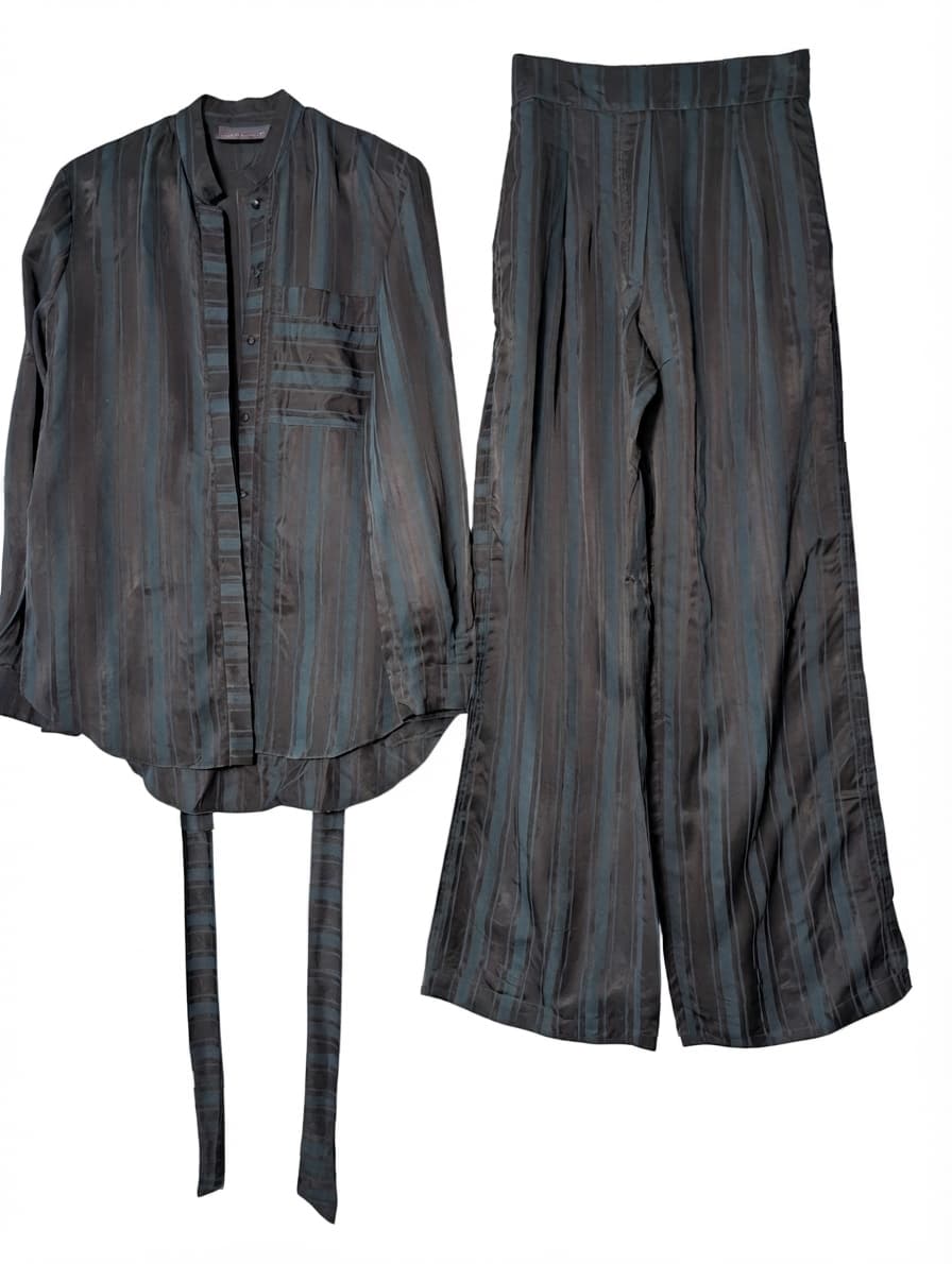 Silk Stripe Shirt and Wide Leg Trouser Set Dark Grey Size M — photo 1 of 8