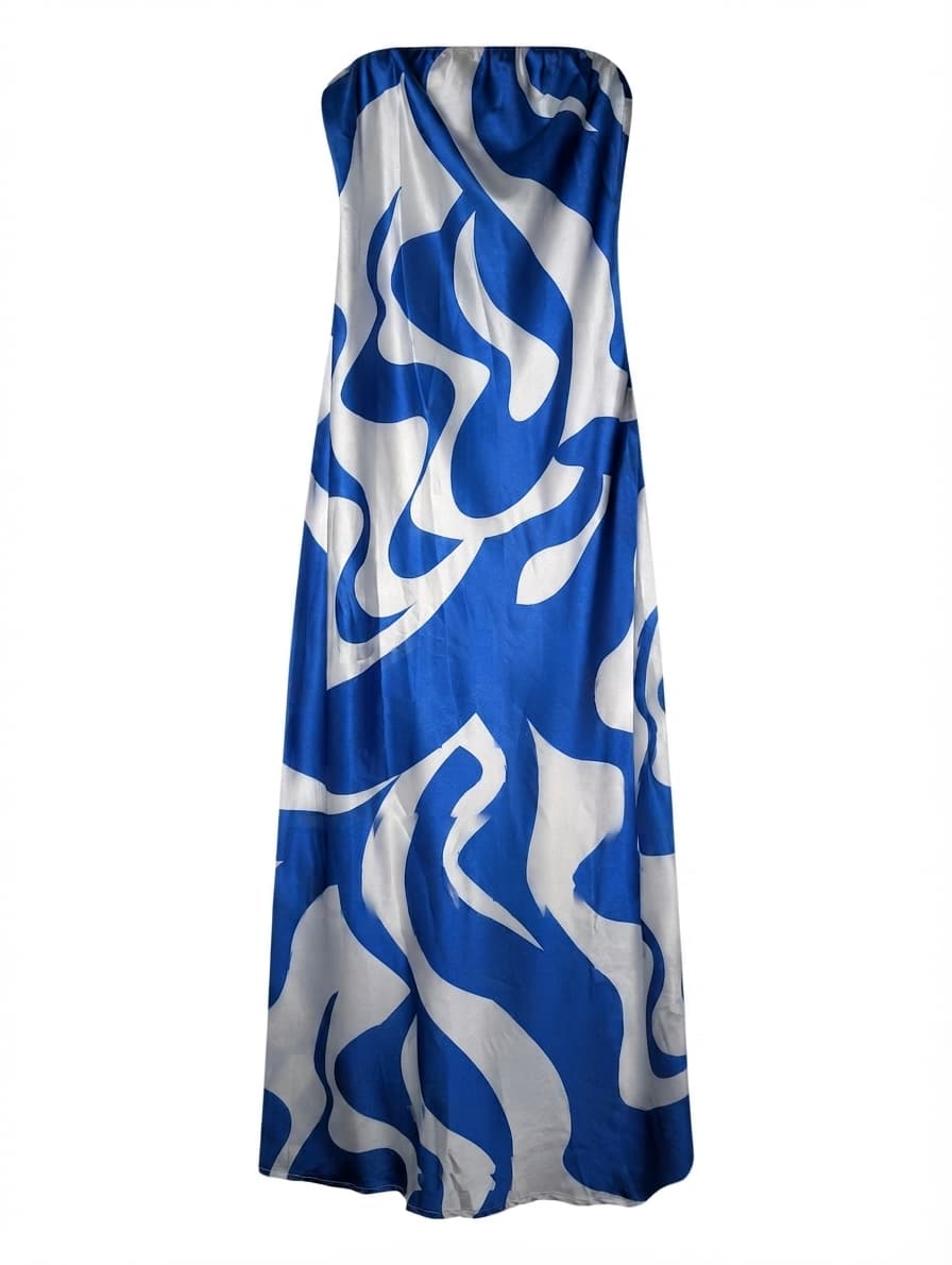 SNDYS. Satin Strapless Maxi Dress Blue & White Abstract Print Size 14 — photo 1 of 8
