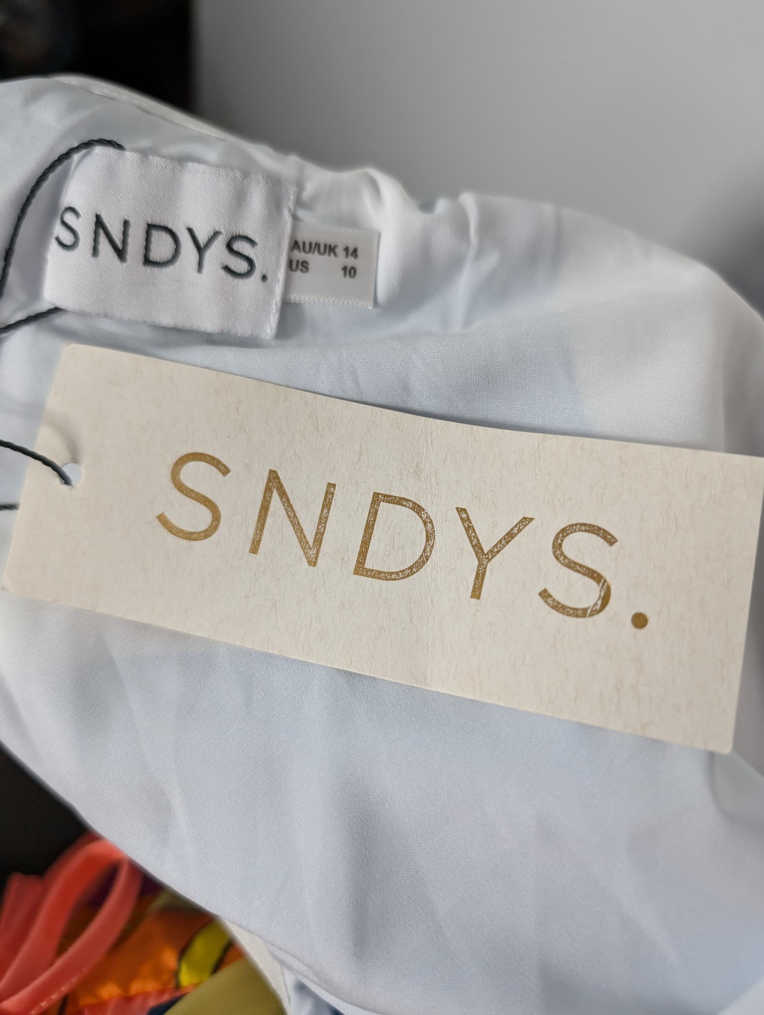 SNDYS. Satin Strapless Maxi Dress Blue & White Abstract Print Size 14 — photo 5 of 8