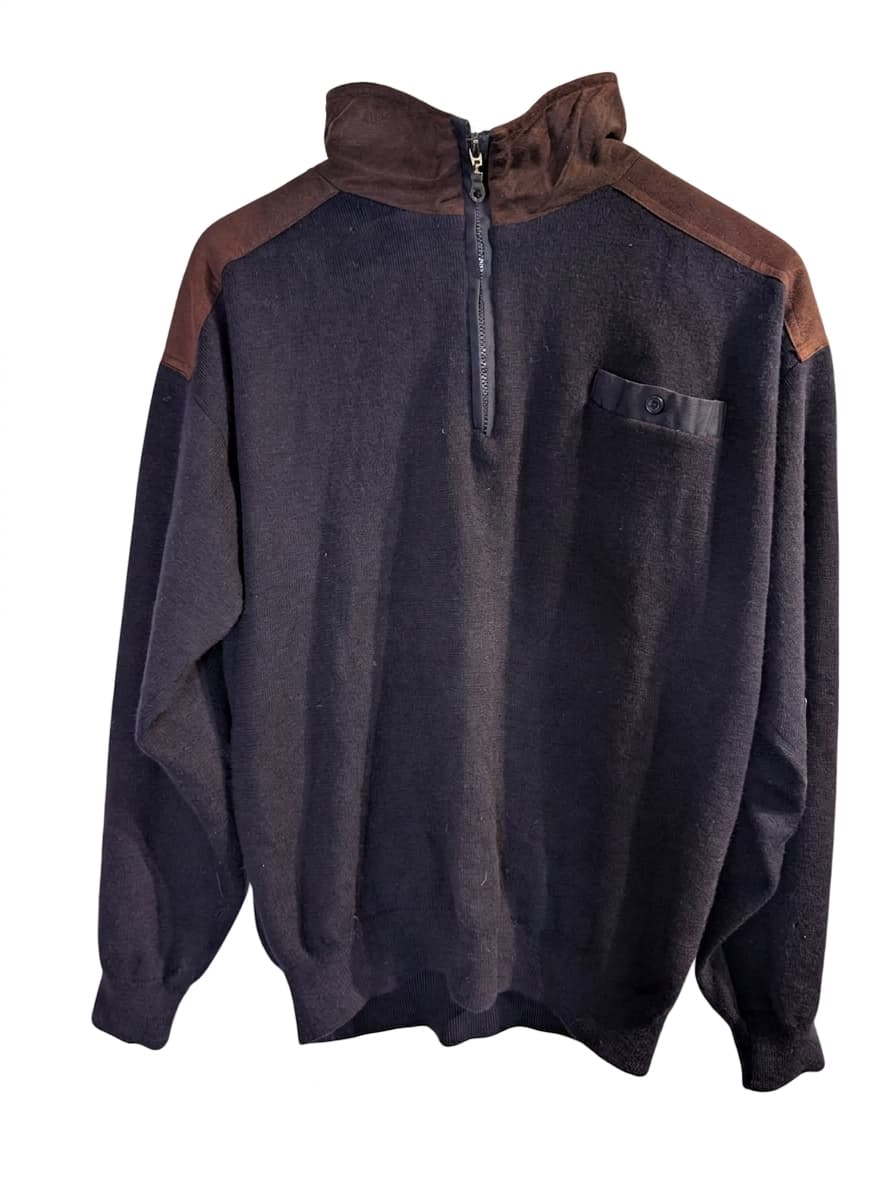 Sovrano Vintage Quarter-Zip Knit Sweater - Pure New Wool with Suede Patches — photo 1 of 8