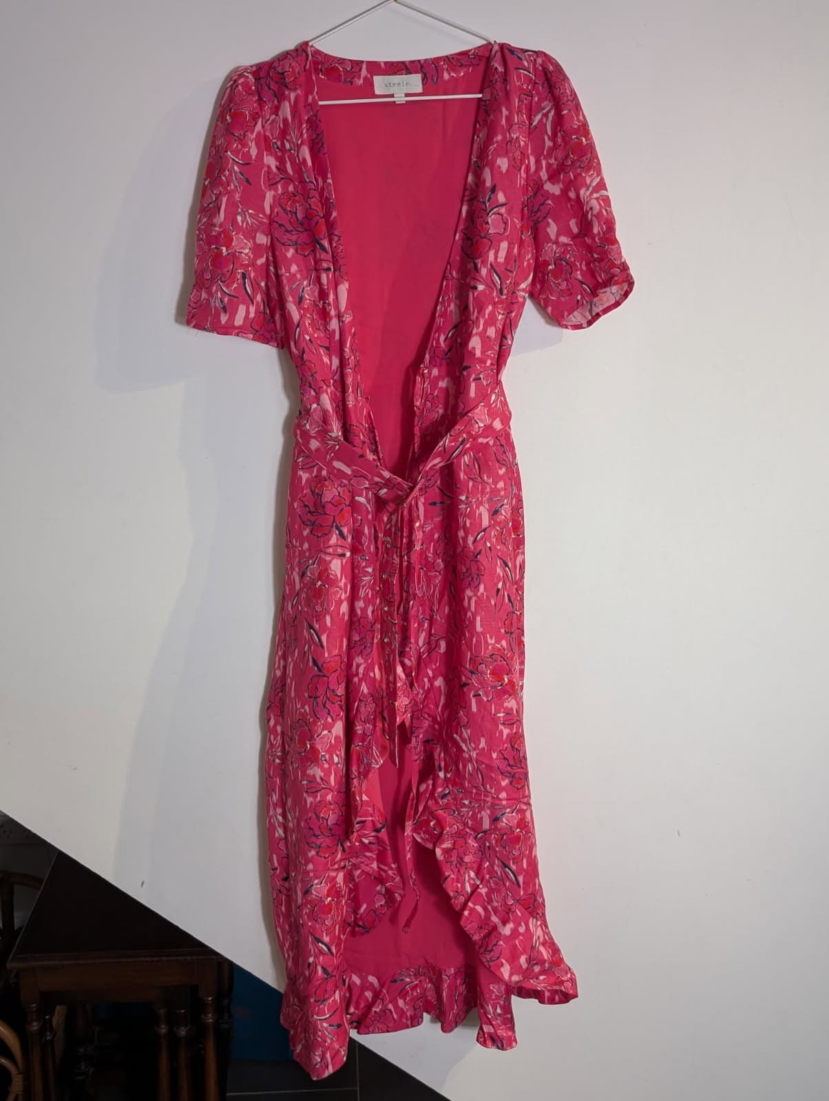 Steele. Pink Floral Linen Blend Wrap Dress - Size L — photo 7 of 7