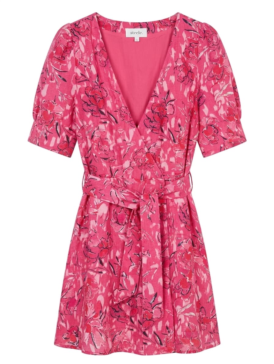 Steele. Pink Floral Linen Blend Wrap Dress - Size L — photo 1 of 7