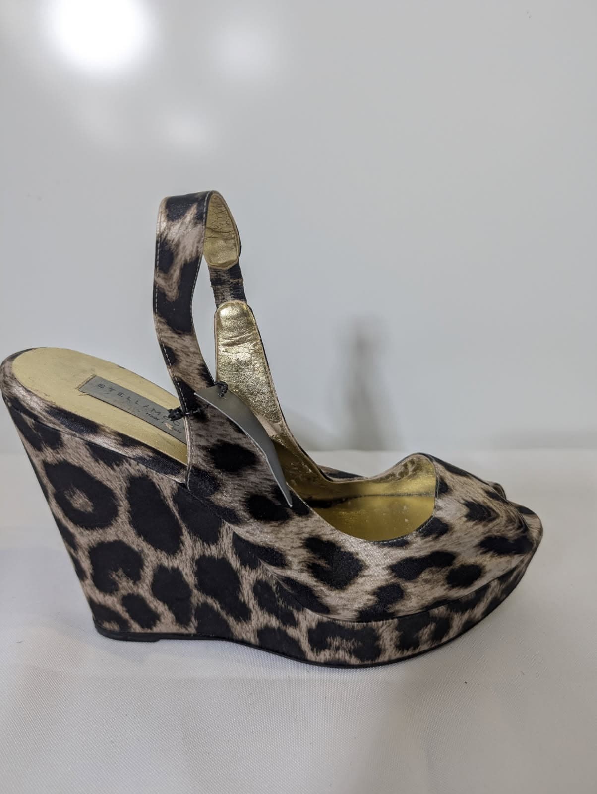 Stella McCartney Leopard Print Satin Peep Toe Wedge Sandals — photo 2 of 5