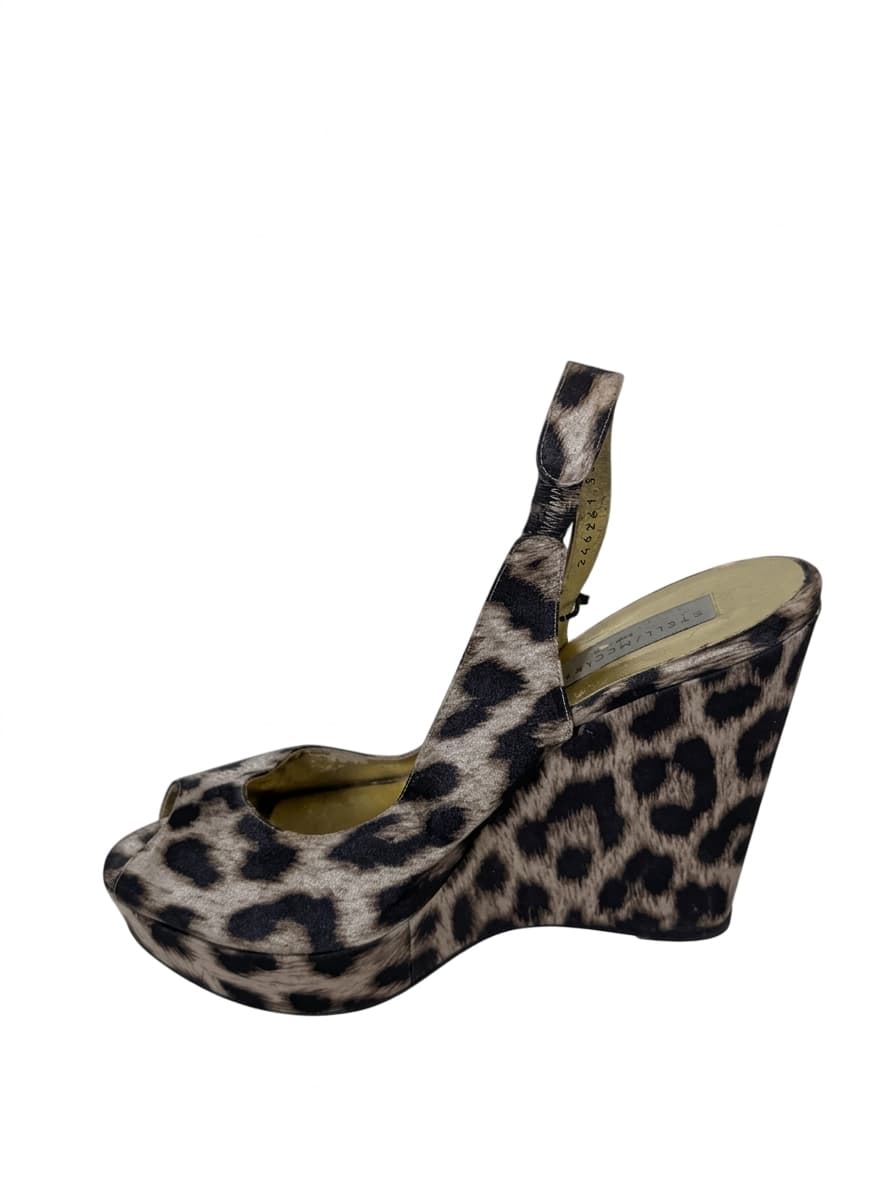 Stella McCartney Leopard Print Satin Peep Toe Wedge Sandals — photo 1 of 5