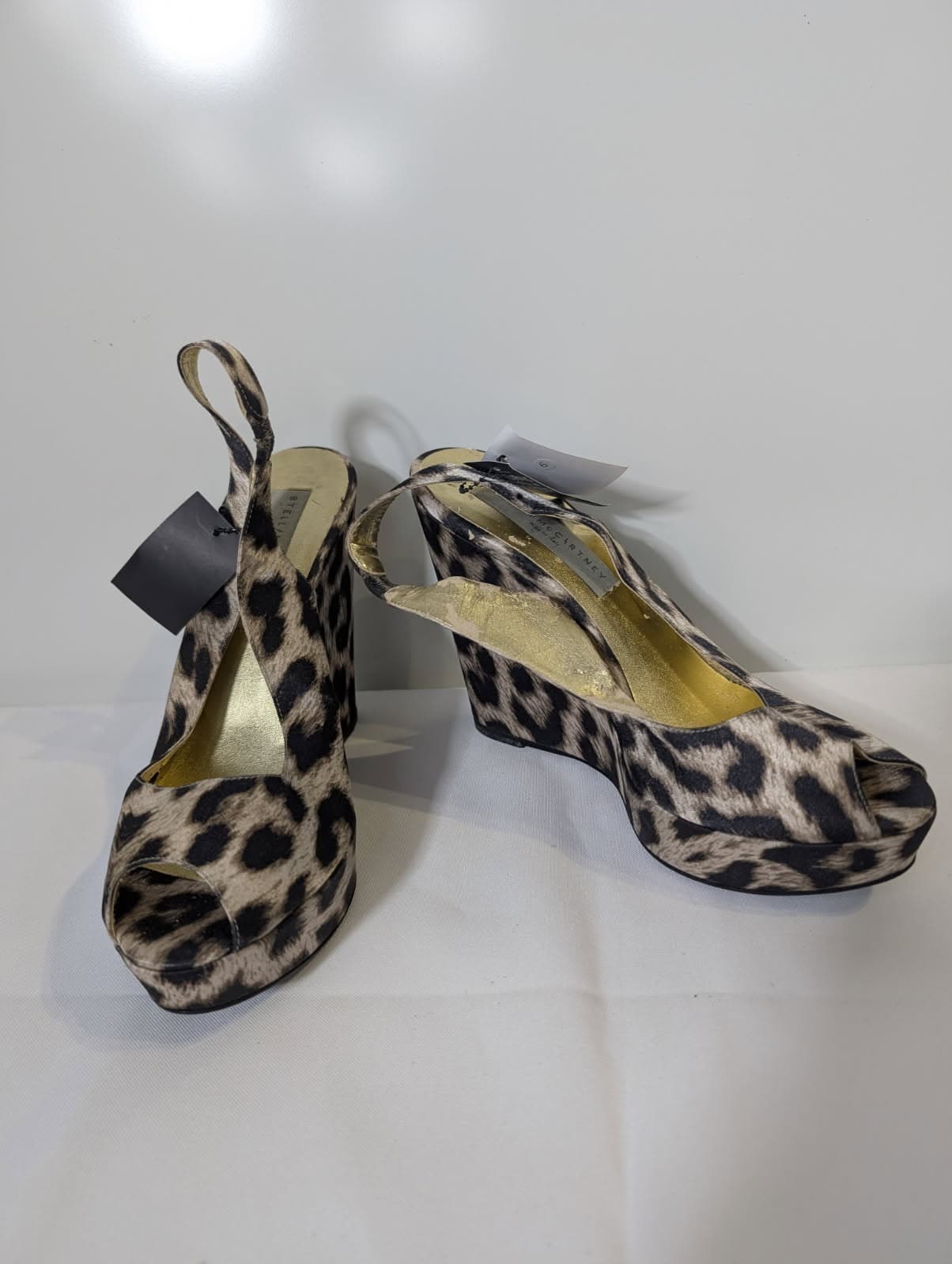 Stella McCartney Leopard Print Satin Peep Toe Wedge Sandals — photo 3 of 5