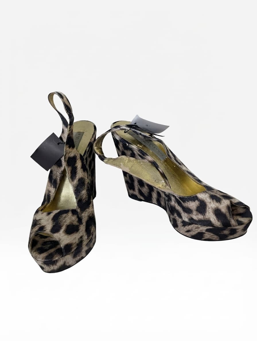 Stella McCartney Leopard Print Satin Peep Toe Wedge Slingback Sandals Size 38 — photo 1 of 9