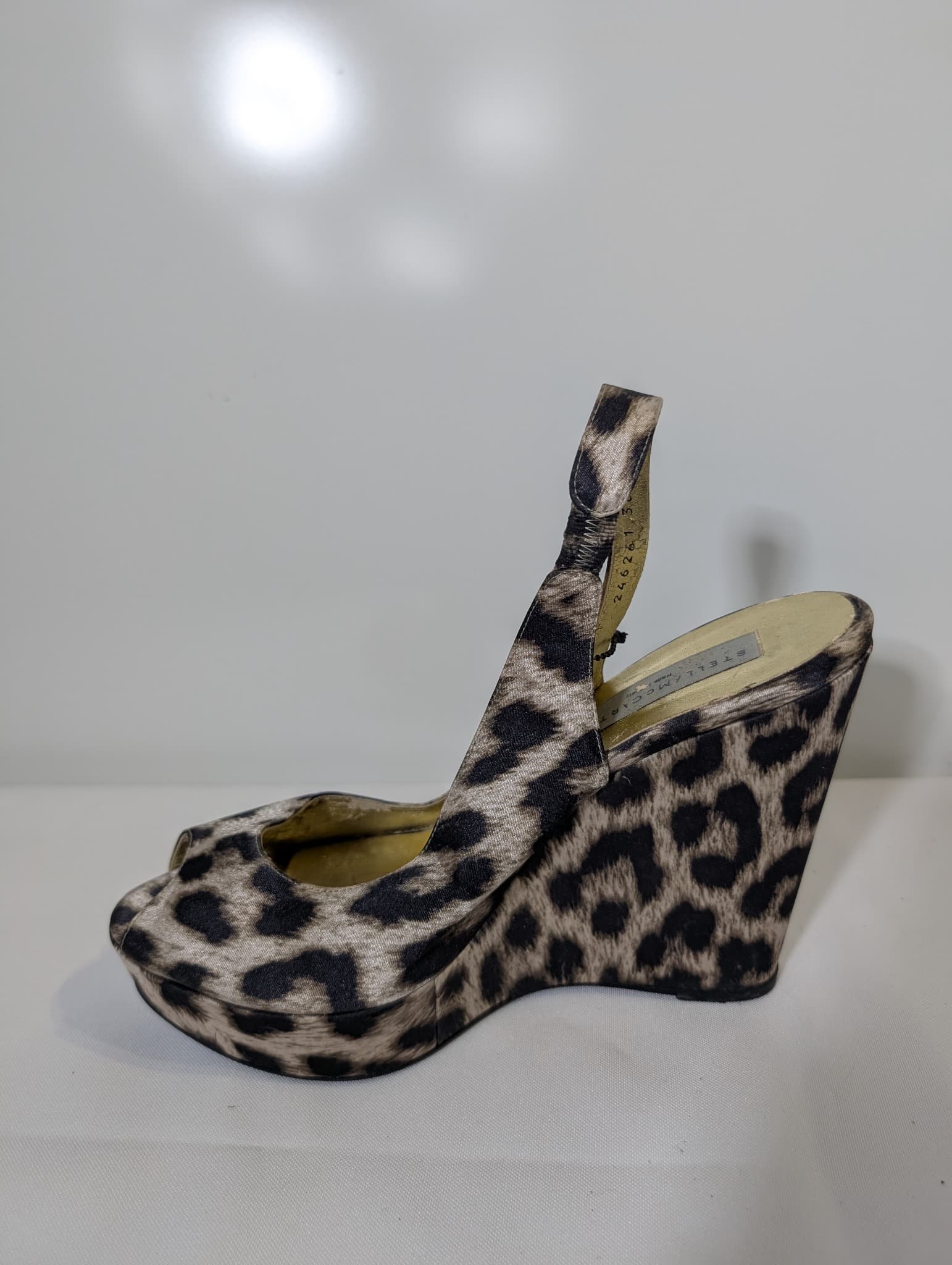 Stella McCartney Leopard Print Satin Peep Toe Wedge Slingback Sandals Size 38 — photo 2 of 9