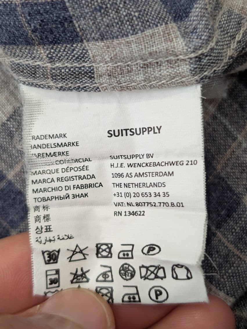 Suitsupply Men's Blue and White Check Pure Linen Shirt Size 37 / 14.5 — photo 5 of 10