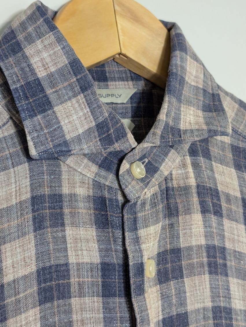 Suitsupply Men's Blue and White Check Pure Linen Shirt - Slim Fit — photo 6 of 9